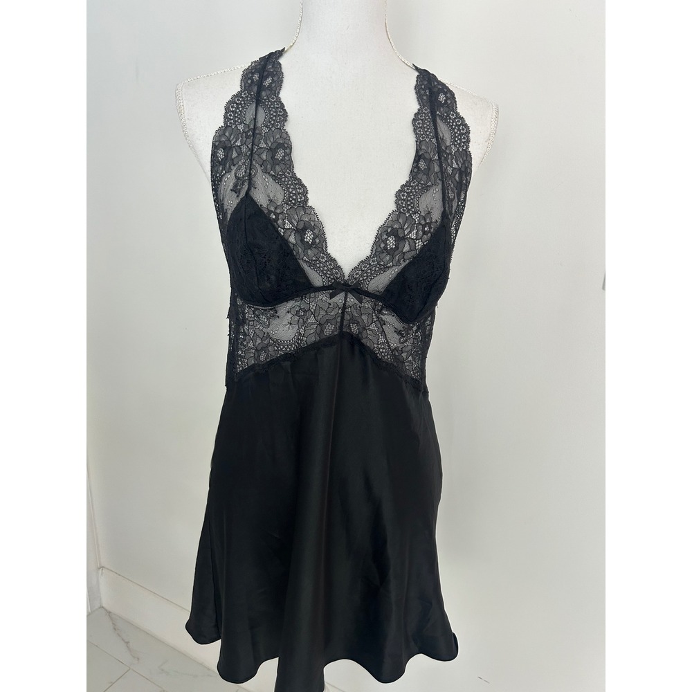 Victorias Secret Black Lace Satin Slip Dress Open Back Nightgown Womens Large